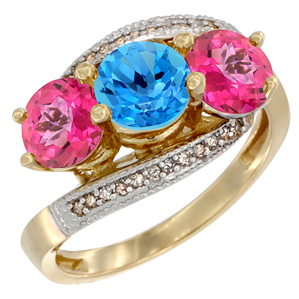 10K Yellow Gold Natural Swiss Blue Topaz & Pink Topaz Sides 3 stone Ring Round 6mm Diamond Accent, sizes 5 - 10