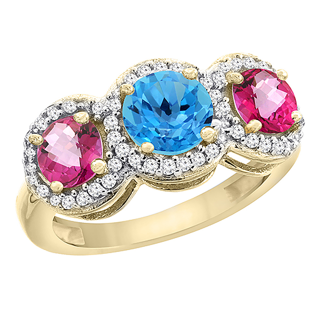 10K Yellow Gold Natural Swiss Blue Topaz &amp; Pink Topaz Sides Round 3-stone Ring Diamond Accents, sizes 5 - 10