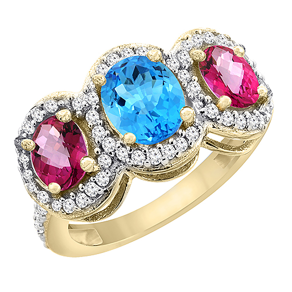 14K Yellow Gold Natural Swiss Blue Topaz &amp; Pink Topaz 3-Stone Ring Oval Diamond Accent, sizes 5 - 10