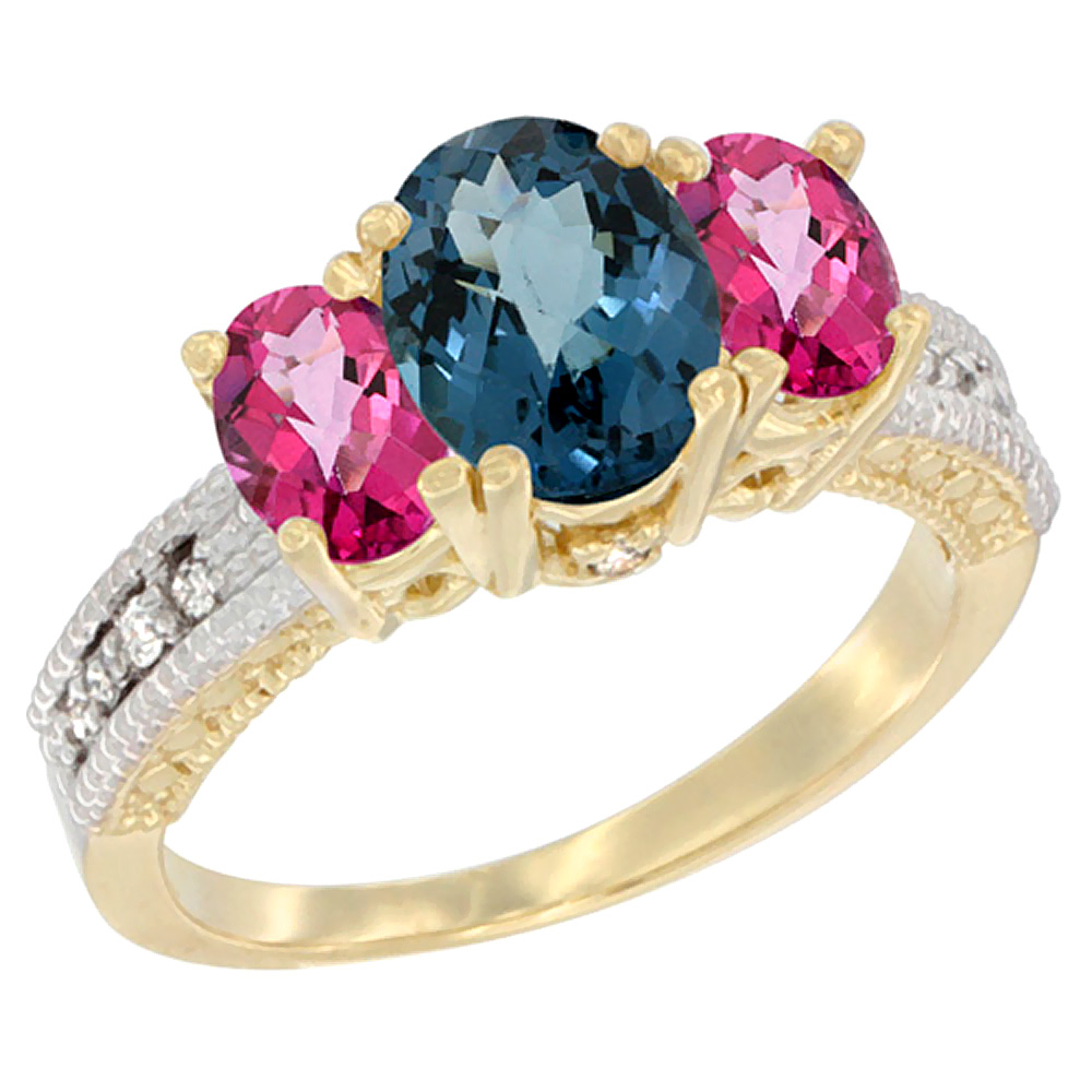 10K Yellow Gold Diamond Natural London Blue Topaz Ring Oval 3-stone with Pink Topaz, sizes 5 - 10