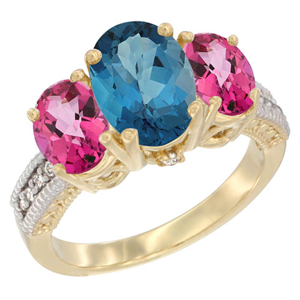 14K Yellow Gold Diamond Natural London Blue Topaz Ring 3-Stone Oval 8x6mm with Pink Topaz, sizes5-10