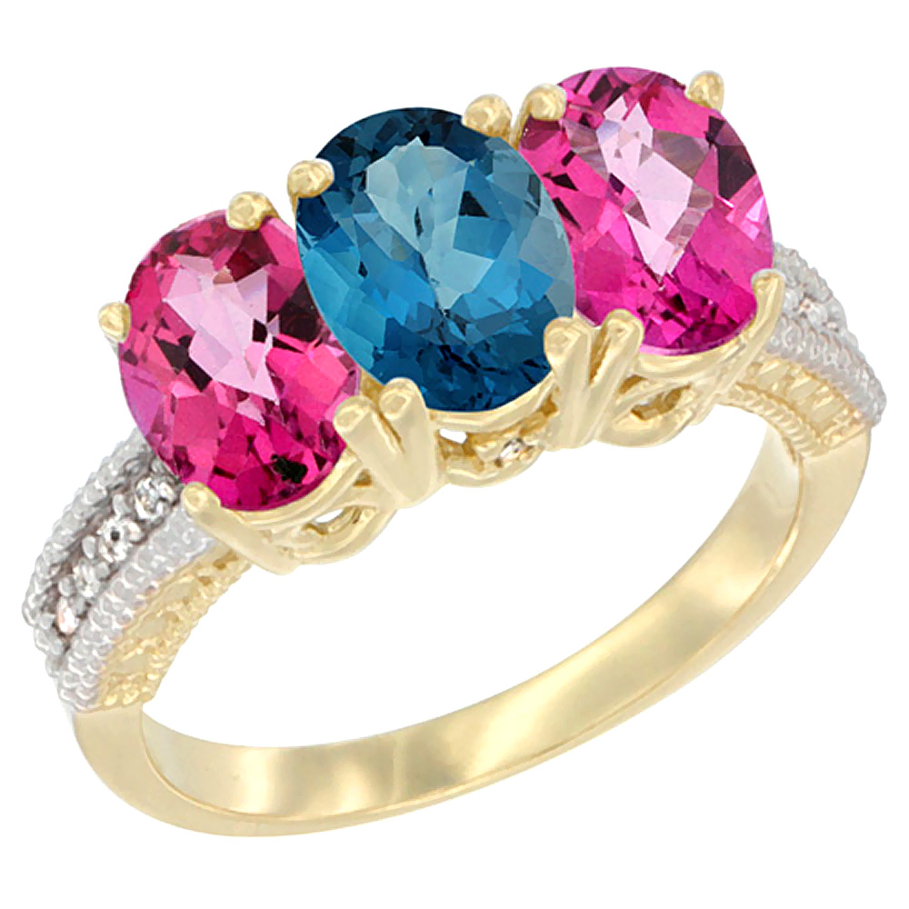 14K Yellow Gold Natural London Blue Topaz & Pink Topaz Sides Ring 3-Stone 7x5 mm Oval Diamond Accent, sizes 5 - 10