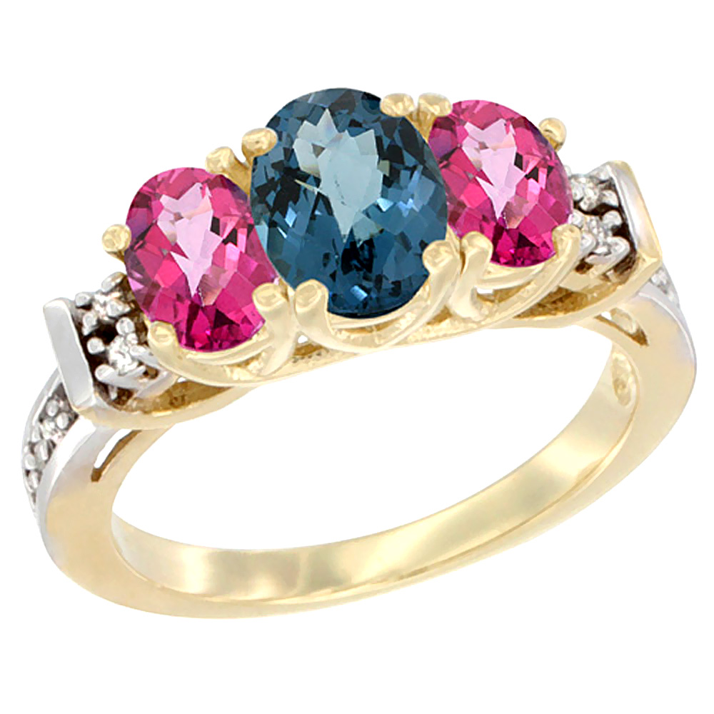 14K Yellow Gold Natural London Blue Topaz & Pink Topaz Ring 3-Stone Oval Diamond Accent