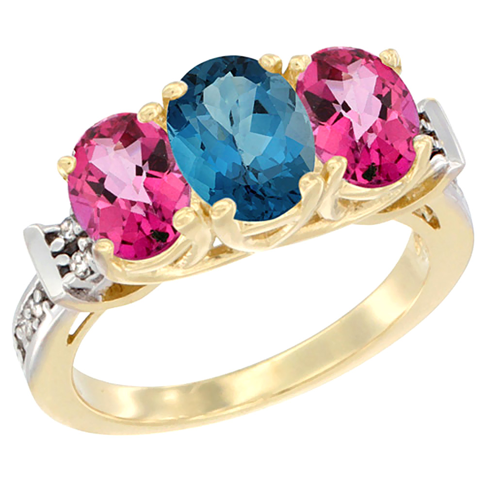 14K Yellow Gold Natural London Blue Topaz &amp; Pink Topaz Sides Ring 3-Stone Oval Diamond Accent, sizes 5 - 10