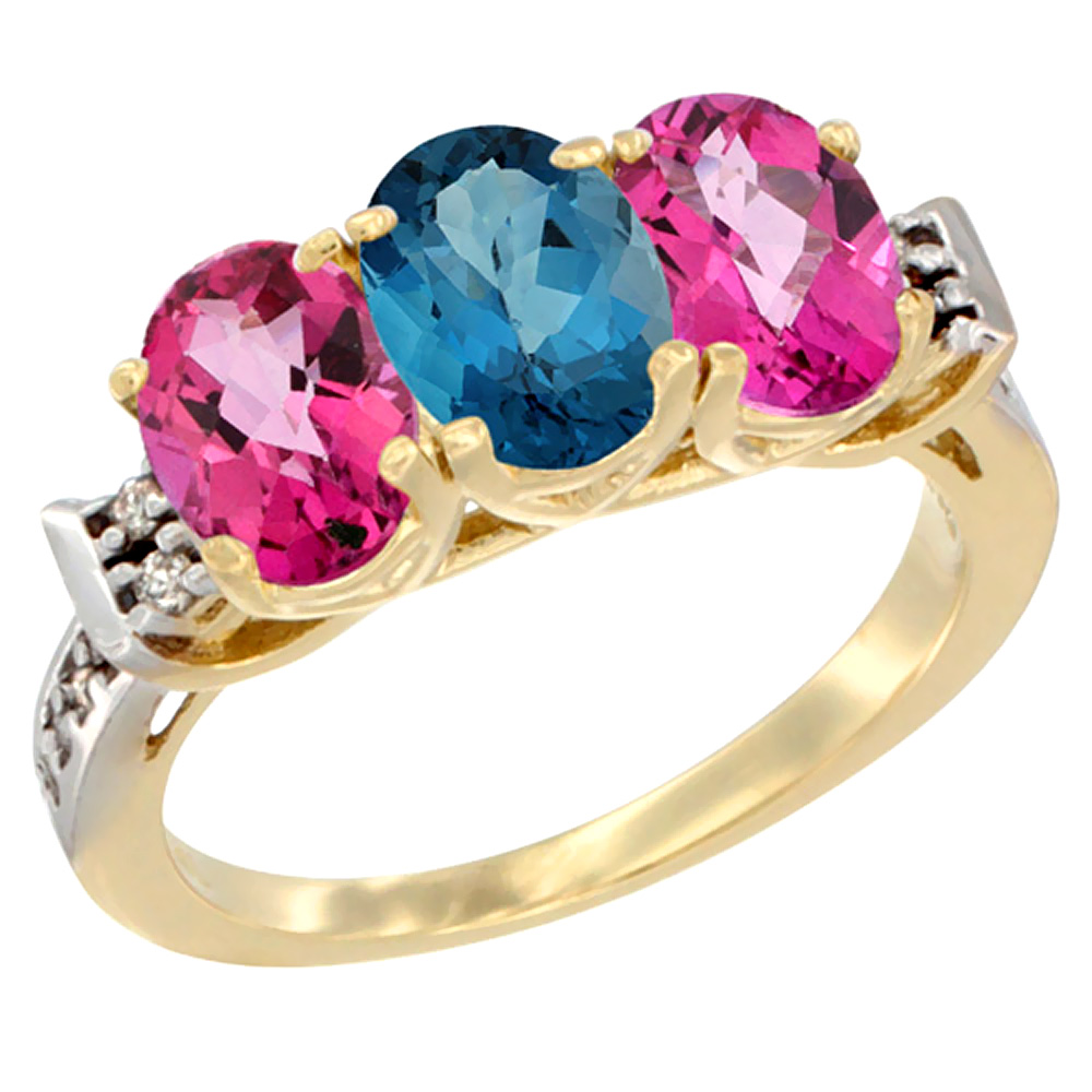 10K Yellow Gold Natural London Blue Topaz & Pink Topaz Sides Ring 3-Stone Oval 7x5 mm Diamond Accent, sizes 5 - 10