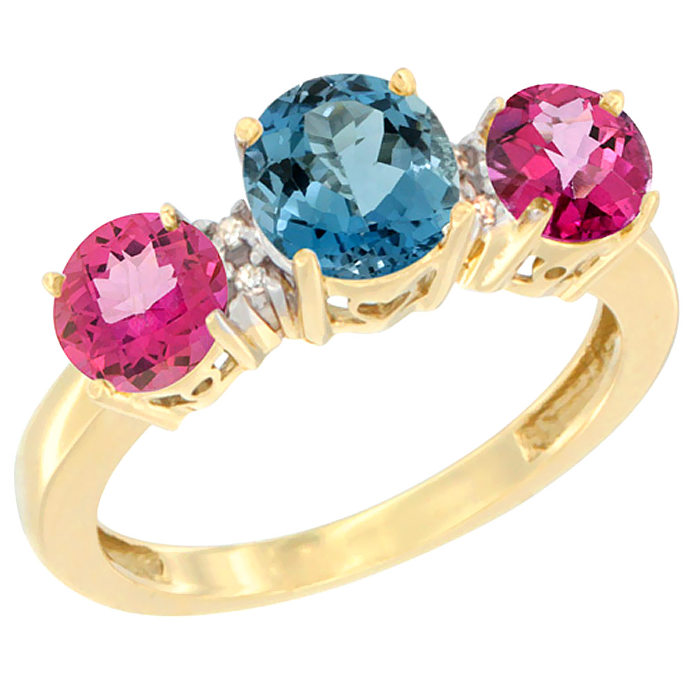 14K Yellow Gold Round 3-Stone Natural London Blue Topaz Ring &amp; Pink Topaz Sides Diamond Accent, sizes 5 - 10