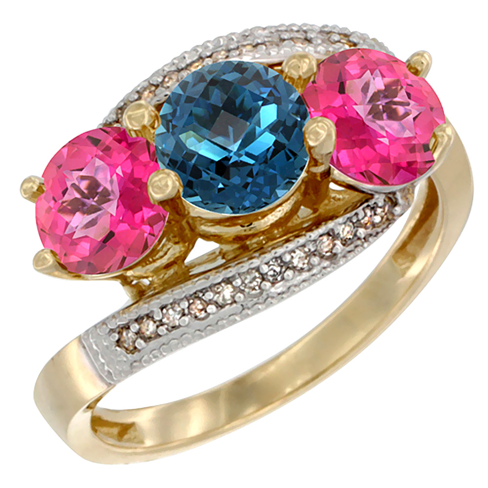 10K Yellow Gold Natural London Blue Topaz & Pink Topaz Sides 3 stone Ring Round 6mm Diamond Accent, sizes 5 - 10