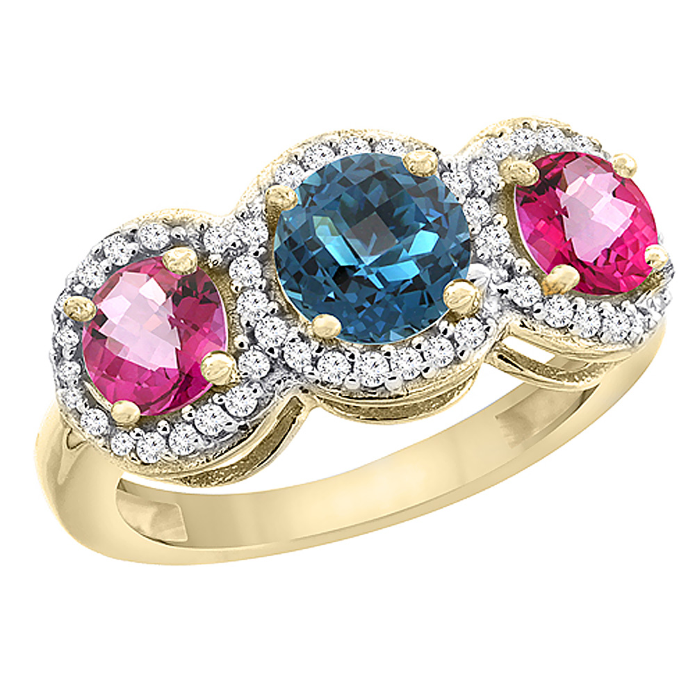 10K Yellow Gold Natural London Blue Topaz &amp; Pink Topaz Sides Round 3-stone Ring Diamond Accents, sizes 5 - 10
