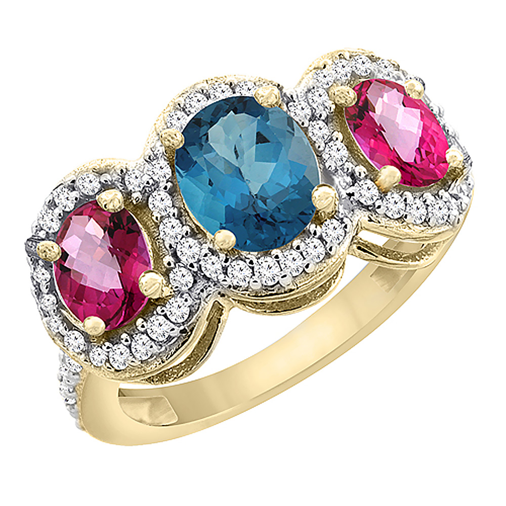 14K Yellow Gold Natural London Blue Topaz & Pink Topaz 3-Stone Ring Oval Diamond Accent, sizes 5 - 10