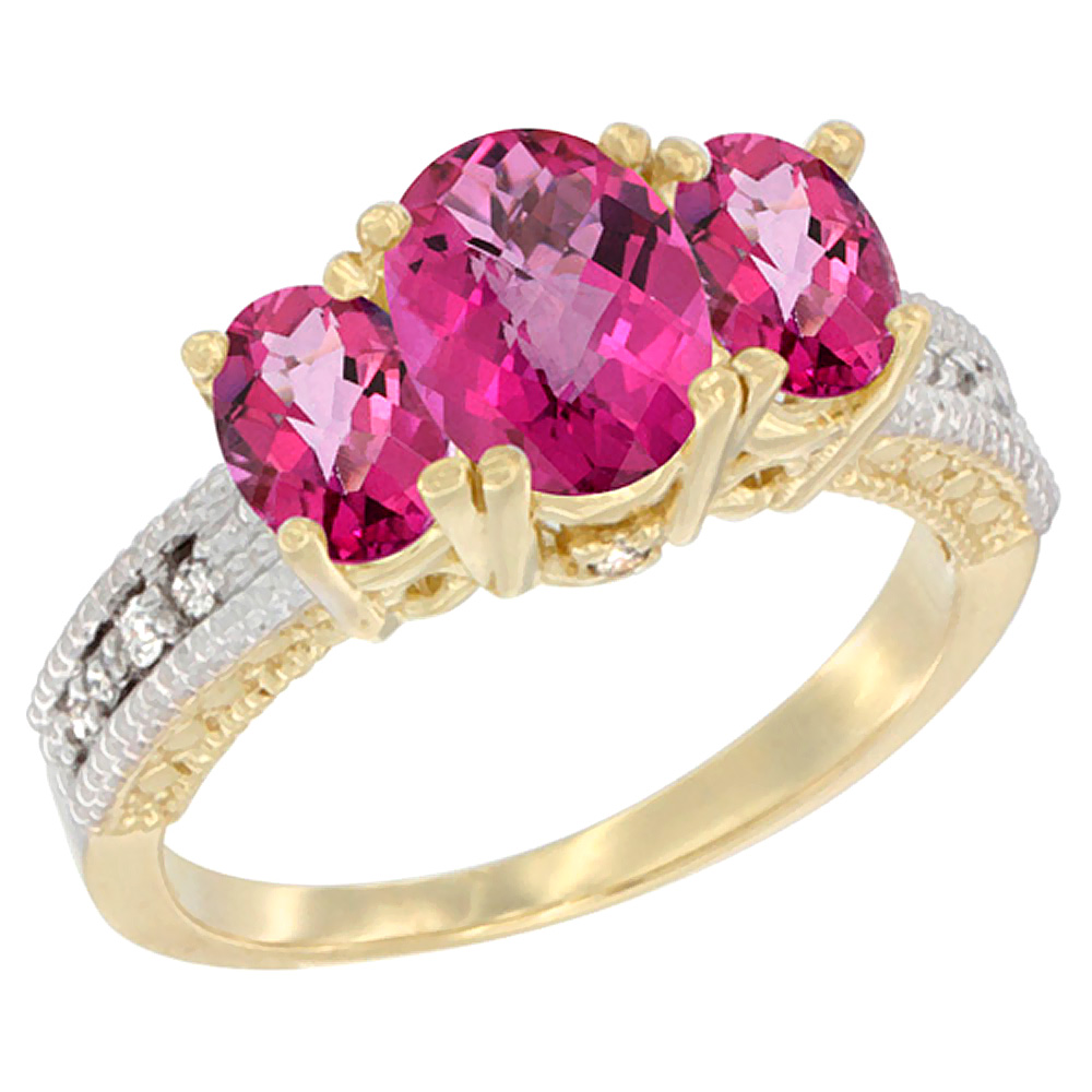 10K Yellow Gold Diamond Natural Pink Topaz Ring Oval 3-stone, sizes 5 - 10