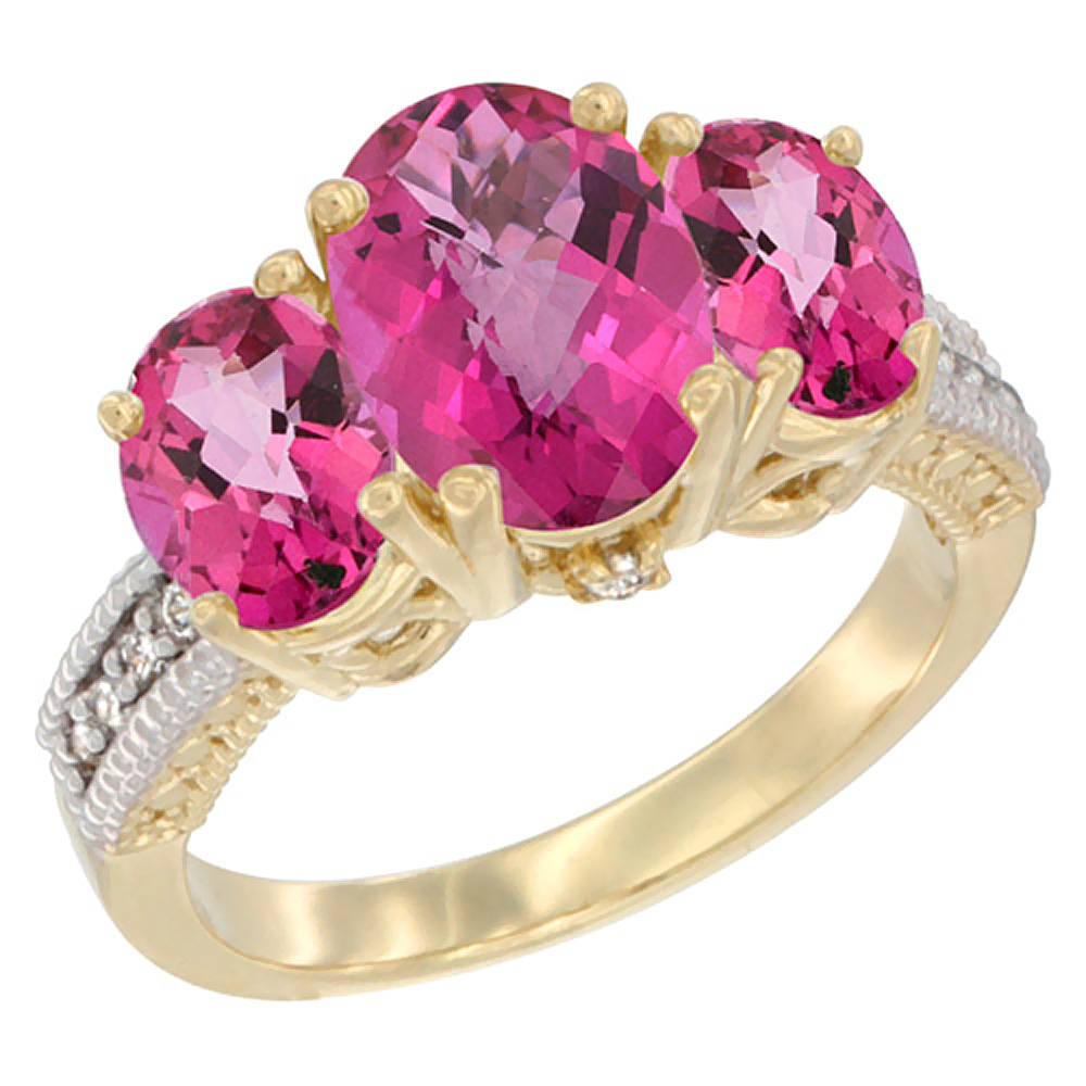 14K Yellow Gold Diamond Natural Pink Topaz Ring 3-Stone Oval 8x6mm, sizes5-10