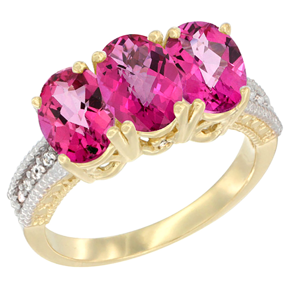 14K Yellow Gold Natural Pink Topaz Ring 3-Stone 7x5 mm Oval Diamond Accent, sizes 5 - 10