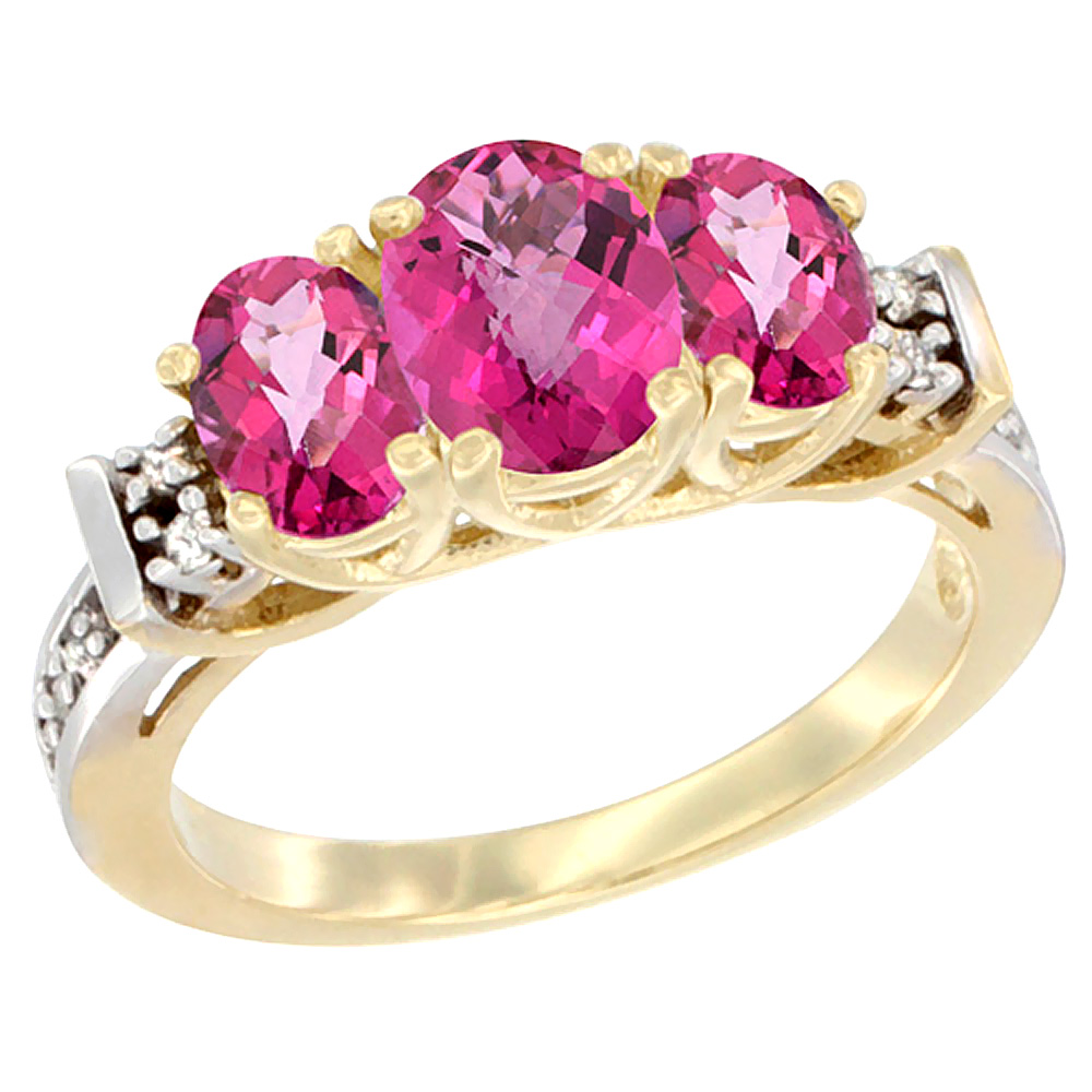 14K Yellow Gold Natural Pink Topaz Ring 3-Stone Oval Diamond Accent