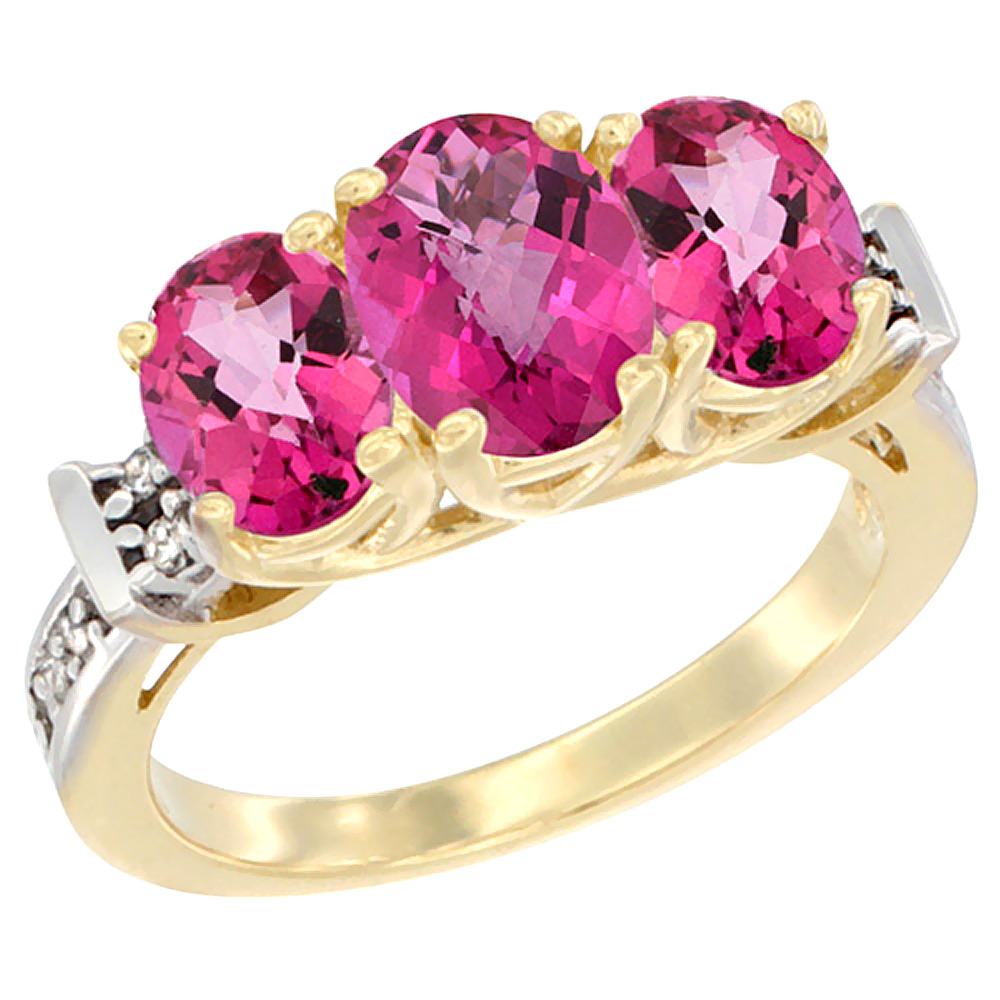 10K Yellow Gold Natural Pink Topaz Ring 3-Stone Oval Diamond Accent, sizes 5 - 10