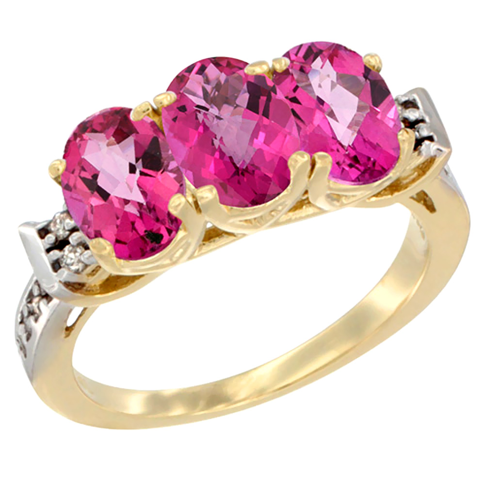 10K Yellow Gold Natural Pink Topaz Ring 3-Stone Oval 7x5 mm Diamond Accent, sizes 5 - 10