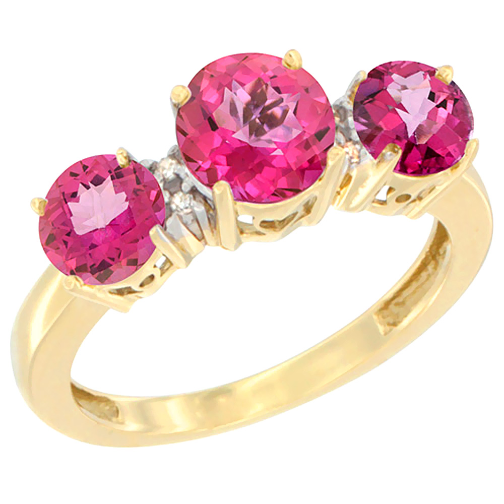 10K Yellow Gold Round 3-Stone Natural Pink Topaz Ring Diamond Accent, sizes 5 - 10