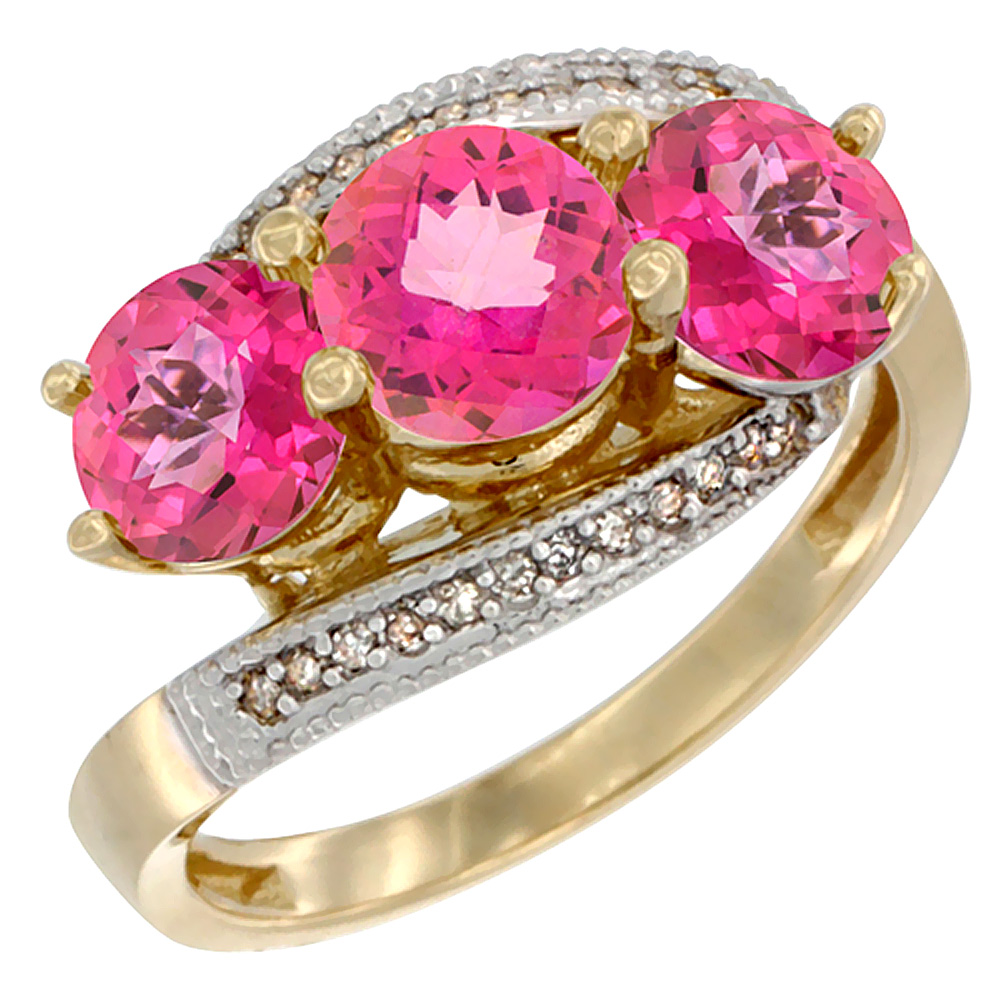14K Yellow Gold Natural Pink Topaz 3 stone Ring Round 6mm Diamond Accent, sizes 5 - 10