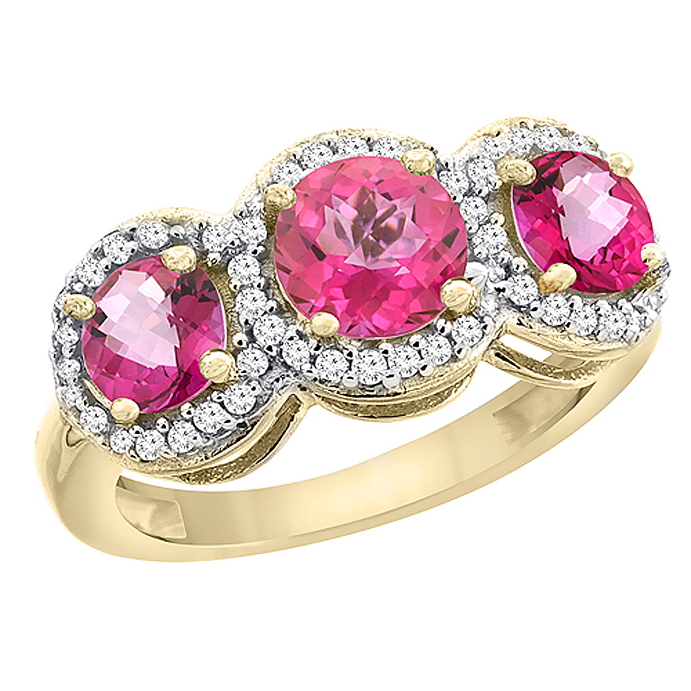 10K Yellow Gold Natural Pink Topaz Round 3-stone Ring Diamond Accents, sizes 5 - 10