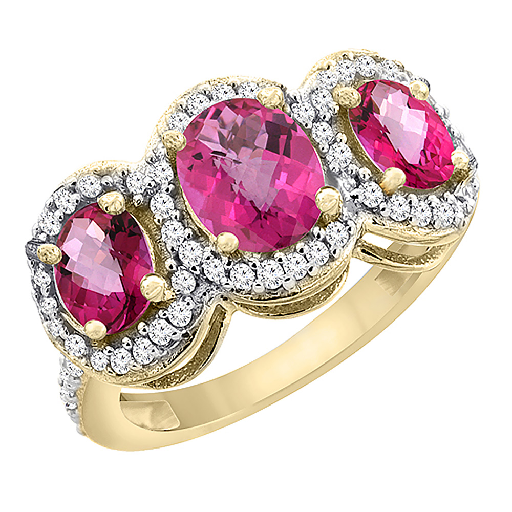 10K Yellow Gold Natural Pink Sapphire &amp; Pink Topaz 3-Stone Ring Oval Diamond Accent, sizes 5 - 10