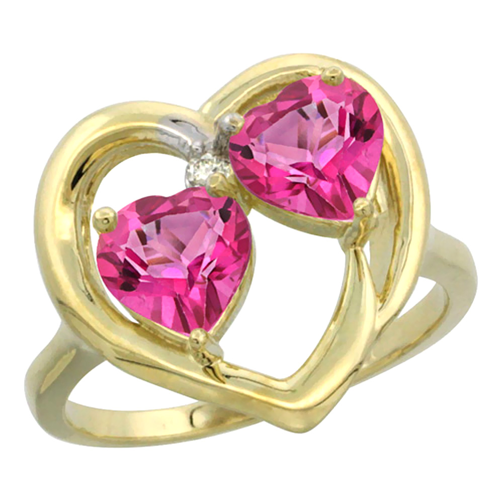 14K Yellow Gold Diamond Two-stone Heart Ring 6 mm Natural Pink Topaz, sizes 5-10