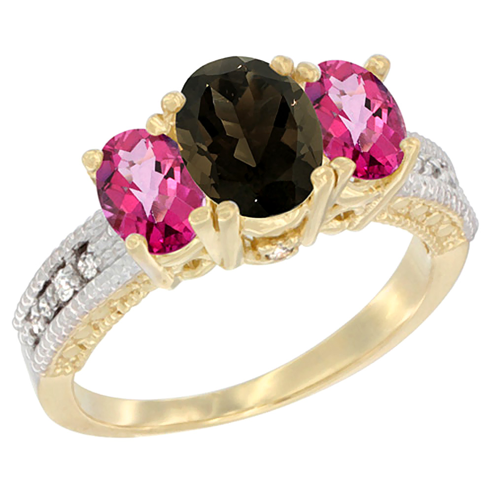 10K Yellow Gold Diamond Natural Smoky Topaz Ring Oval 3-stone with Pink Topaz, sizes 5 - 10