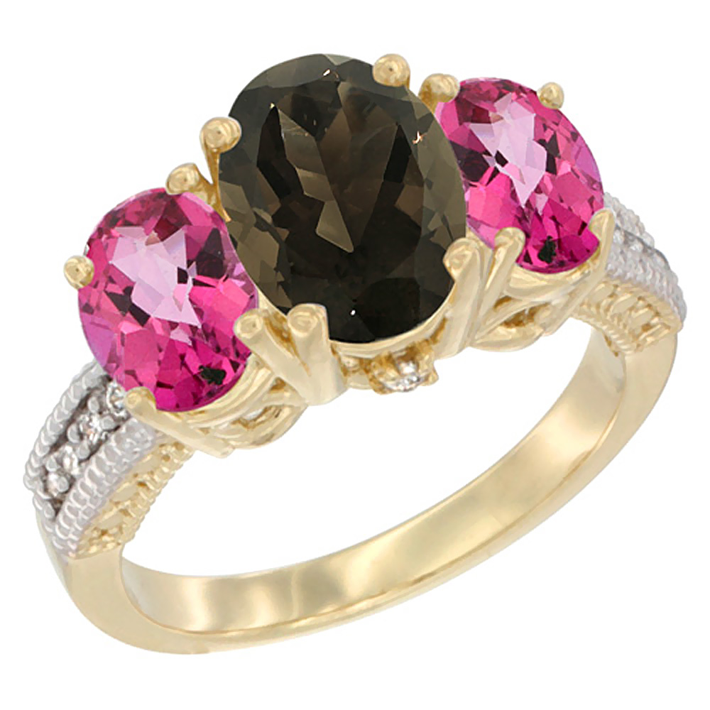 10K Yellow Gold Diamond Natural Smoky Topaz Ring 3-Stone Oval 8x6mm with Pink Topaz, sizes5-10