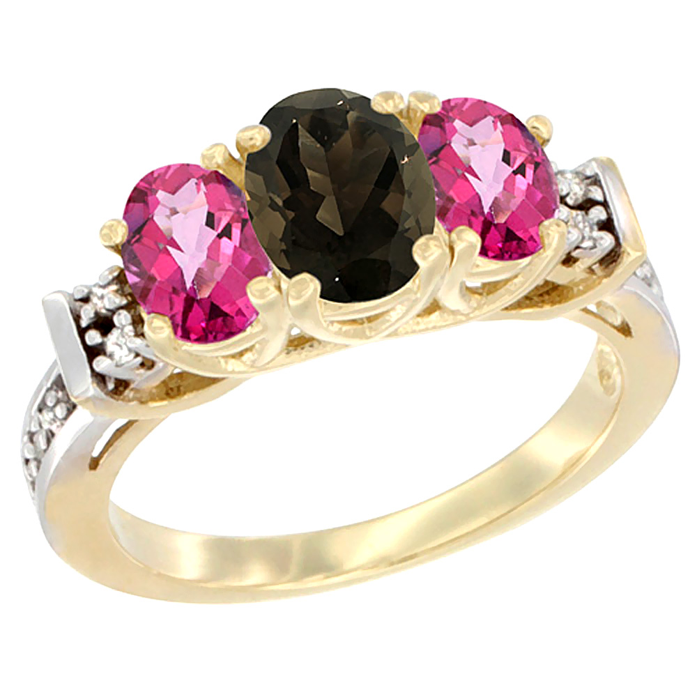 14K Yellow Gold Natural Smoky Topaz & Pink Topaz Ring 3-Stone Oval Diamond Accent