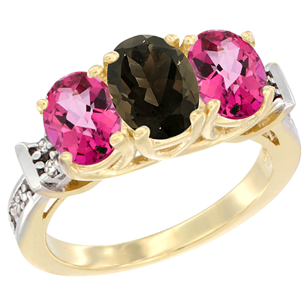 14K Yellow Gold Natural Smoky Topaz &amp; Pink Topaz Sides Ring 3-Stone Oval Diamond Accent, sizes 5 - 10