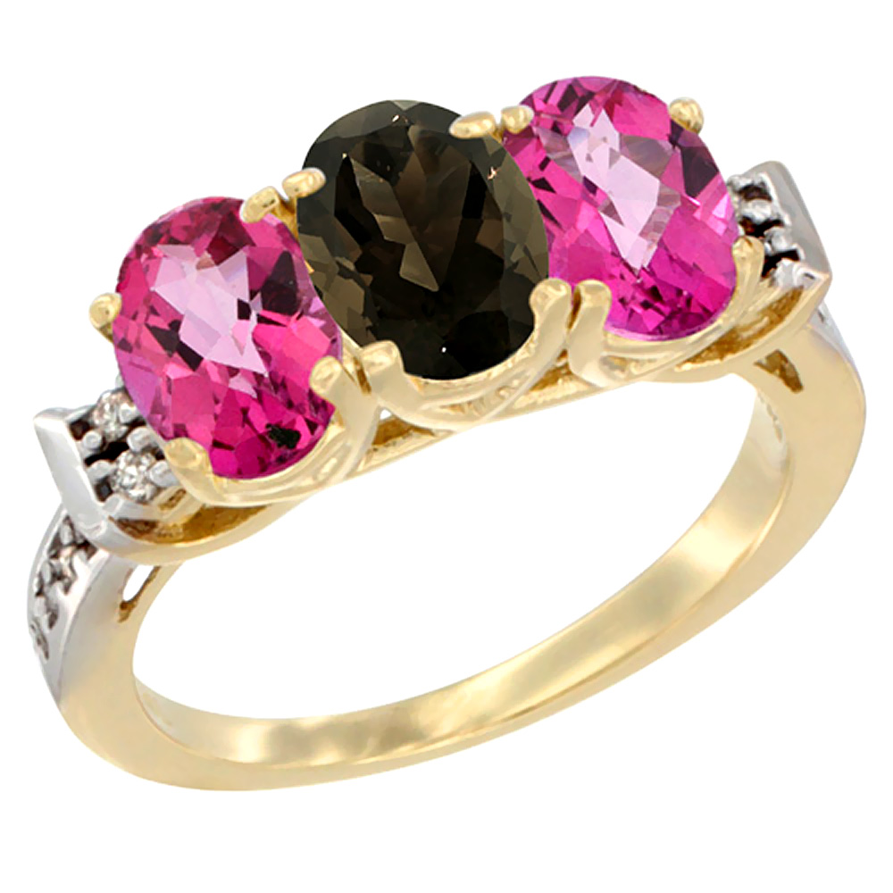10K Yellow Gold Natural Smoky Topaz & Pink Topaz Sides Ring 3-Stone Oval 7x5 mm Diamond Accent, sizes 5 - 10