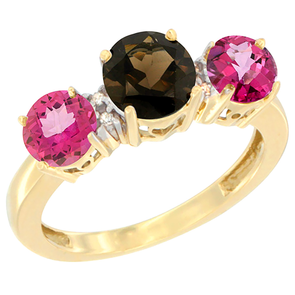 10K Yellow Gold Round 3-Stone Natural Smoky Topaz Ring &amp; Pink Topaz Sides Diamond Accent, sizes 5 - 10