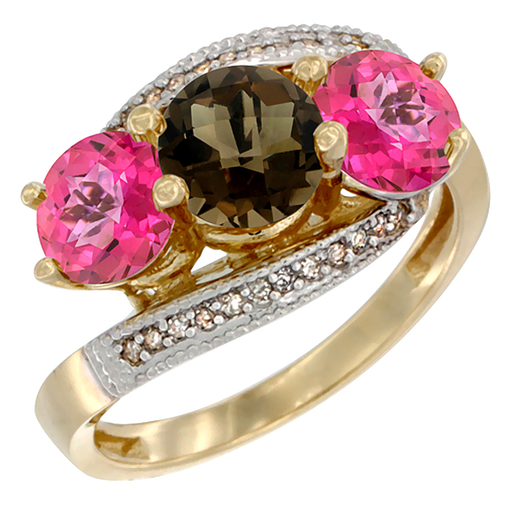 14K Yellow Gold Natural Smoky Topaz &amp; Pink Topaz Sides 3 stone Ring Round 6mm Diamond Accent, sizes 5 - 10