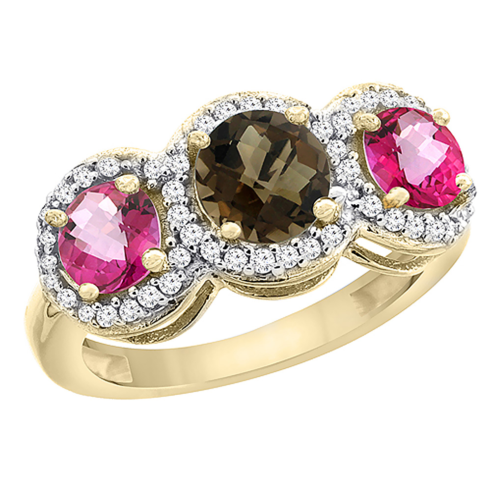 10K Yellow Gold Natural Smoky Topaz & Pink Topaz Sides Round 3-stone Ring Diamond Accents, sizes 5 - 10