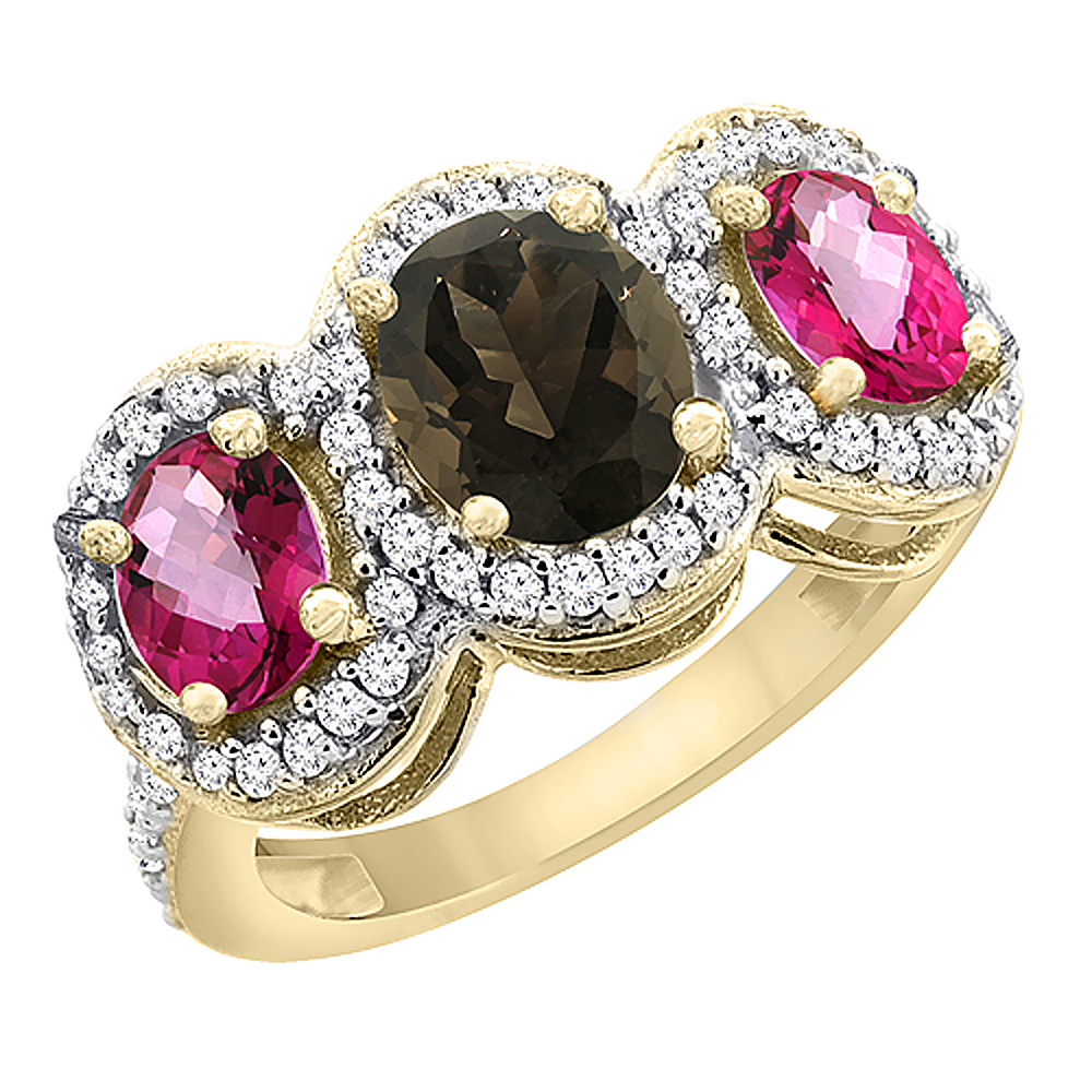14K Yellow Gold Natural Smoky Topaz & Pink Topaz 3-Stone Ring Oval Diamond Accent, sizes 5 - 10