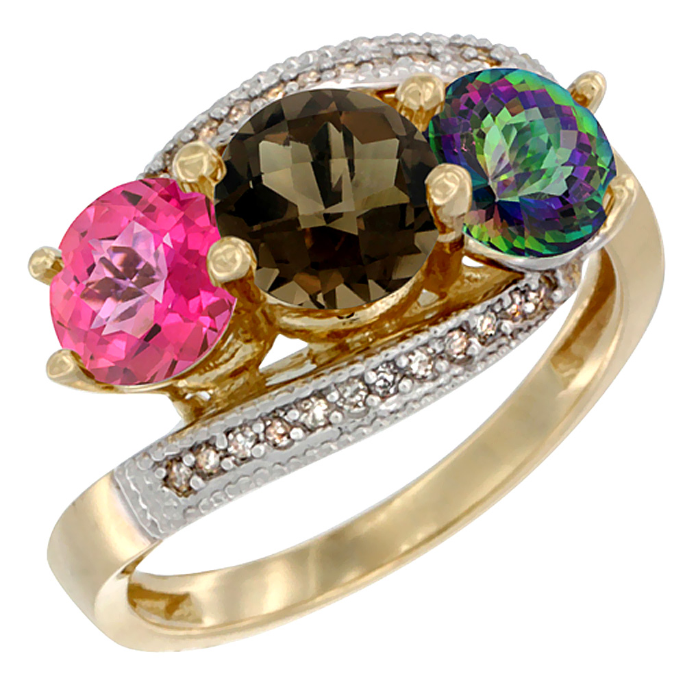 10K Yellow Gold Natural Pink Topaz, Smoky & Mystic Topaz 3 stone Ring Round 6mm Diamond Accent, sizes 5 - 10