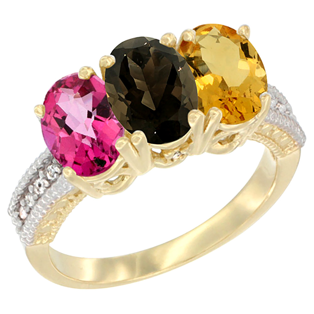 10K Yellow Gold Diamond Natural Pink Topaz, Smoky Topaz & Citrine Ring 3-Stone Oval 7x5 mm, sizes 5 - 10
