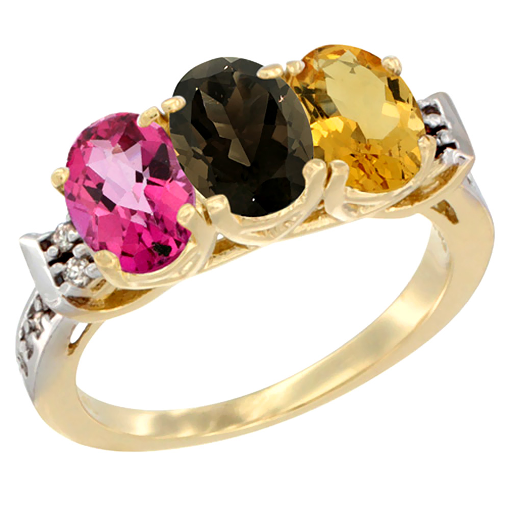 10K Yellow Gold Natural Pink Topaz, Smoky Topaz &amp; Citrine Ring 3-Stone Oval 7x5 mm Diamond Accent, sizes 5 - 10