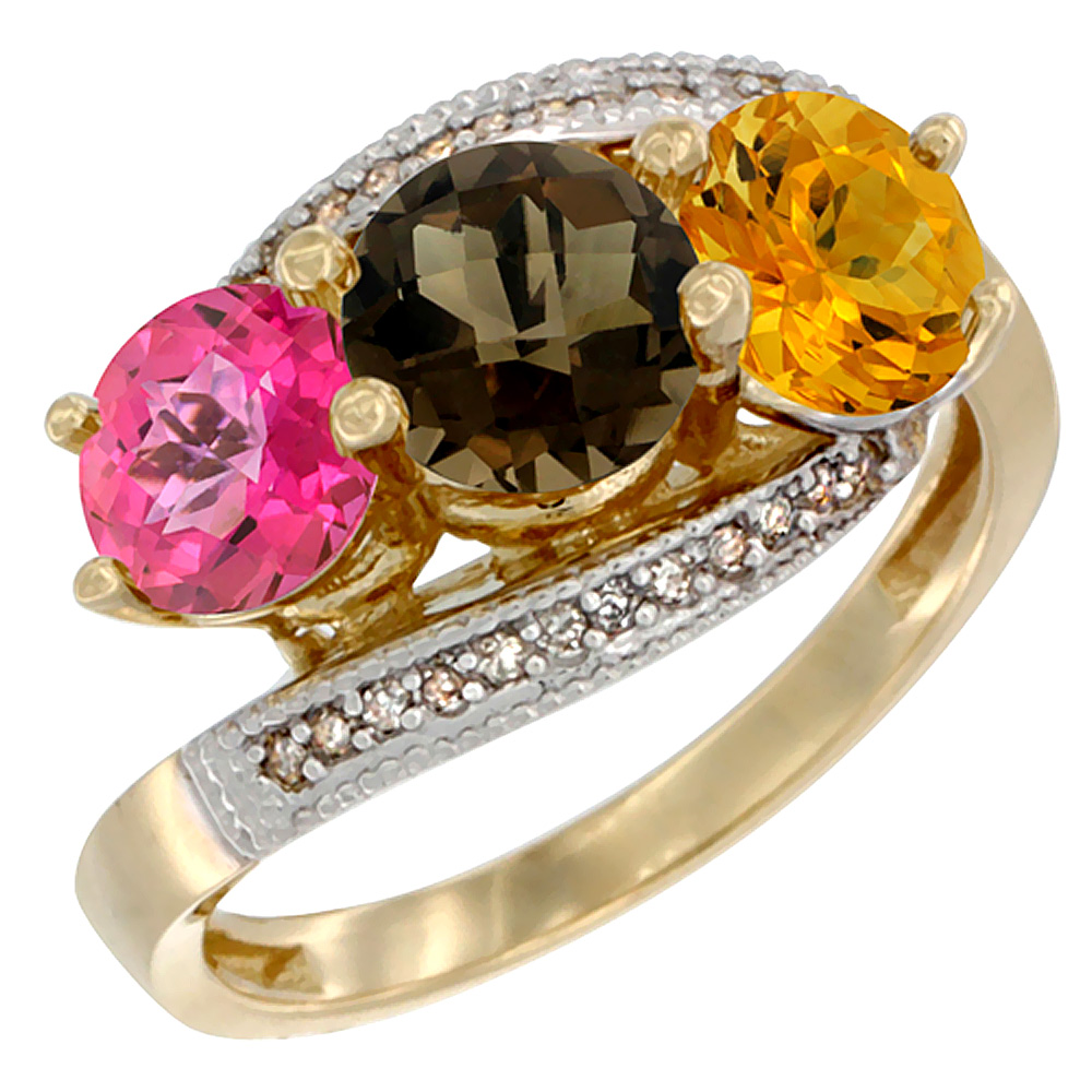 14K Yellow Gold Natural Pink Topaz, Smoky Topaz &amp; Citrine 3 stone Ring Round 6mm Diamond Accent, sizes 5 - 10