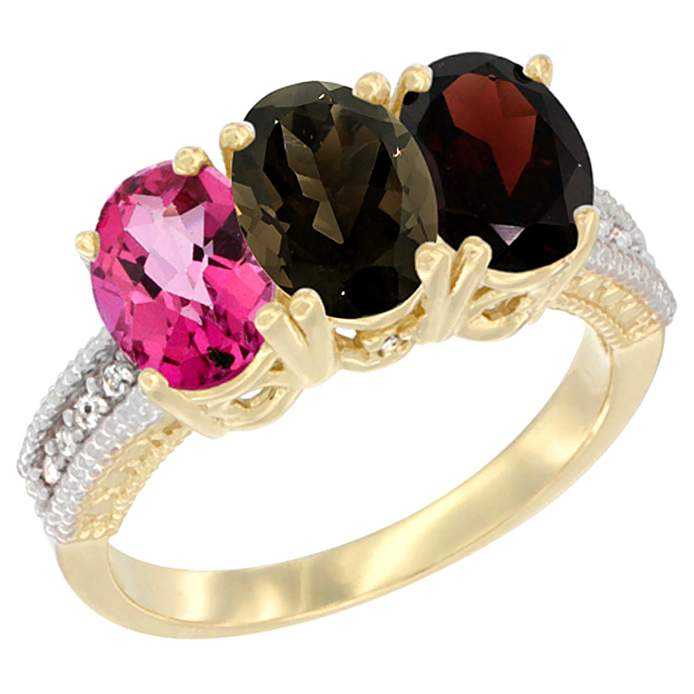 14K Yellow Gold Natural Pink Topaz, Smoky Topaz & Garnet Ring 3-Stone 7x5 mm Oval Diamond Accent, sizes 5 - 10