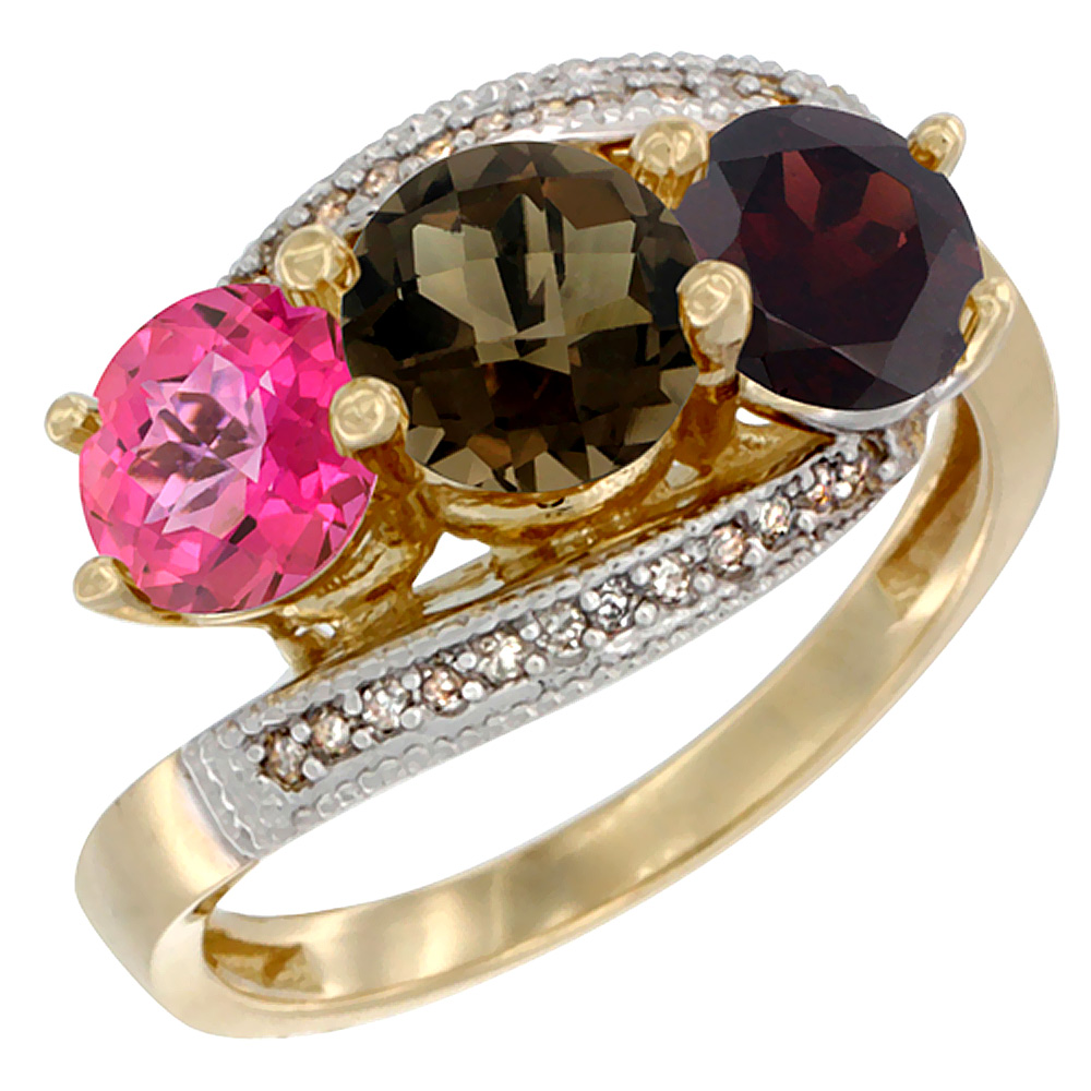 10K Yellow Gold Natural Pink Topaz, Smoky Topaz &amp; Garnet 3 stone Ring Round 6mm Diamond Accent, sizes 5 - 10