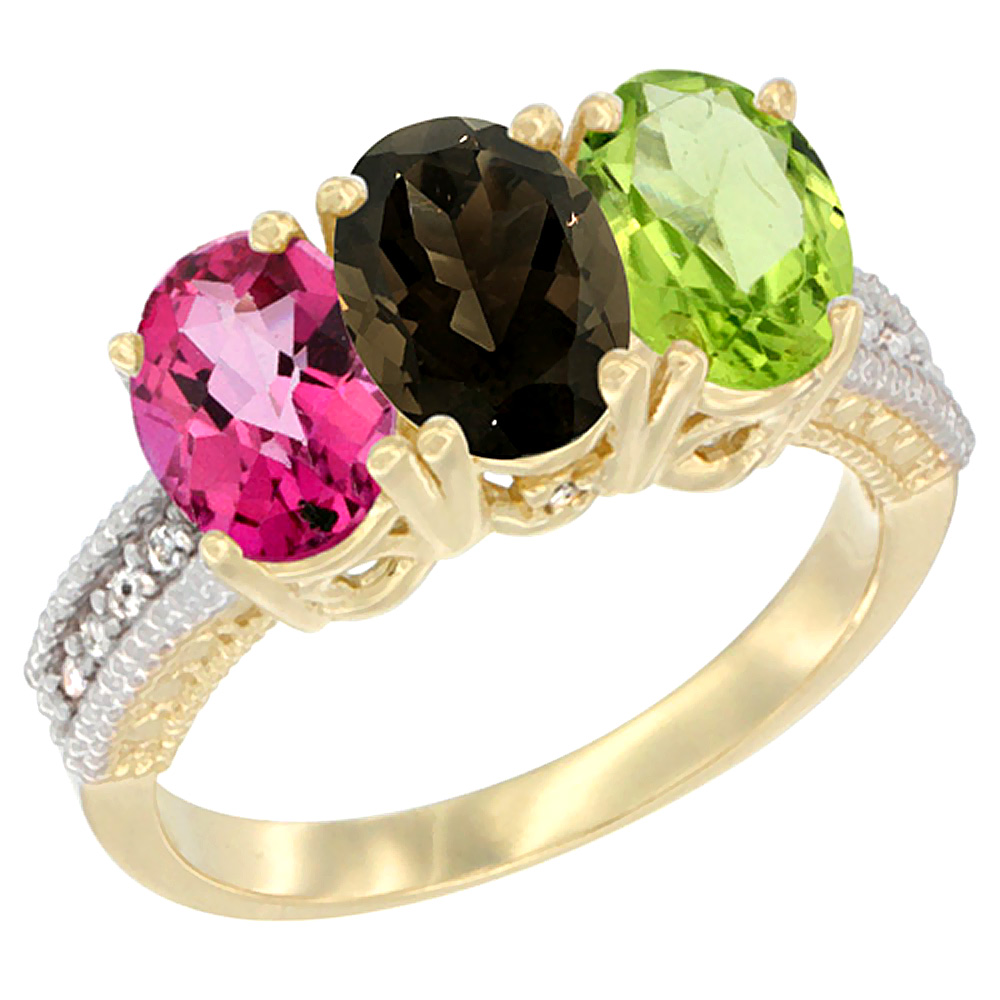 14K Yellow Gold Natural Pink Topaz, Smoky Topaz & Peridot Ring 3-Stone 7x5 mm Oval Diamond Accent, sizes 5 - 10
