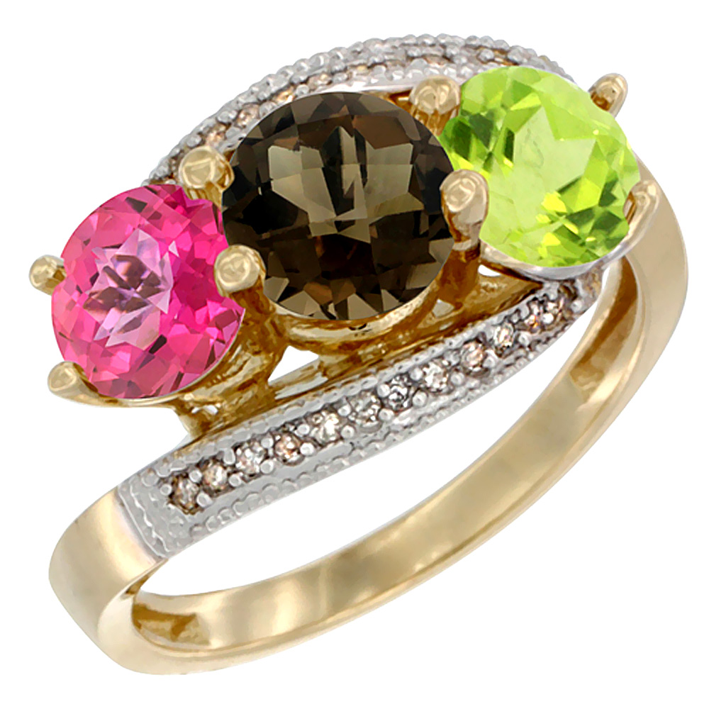 10K Yellow Gold Natural Pink Topaz, Smoky Topaz &amp; Peridot 3 stone Ring Round 6mm Diamond Accent, sizes 5 - 10
