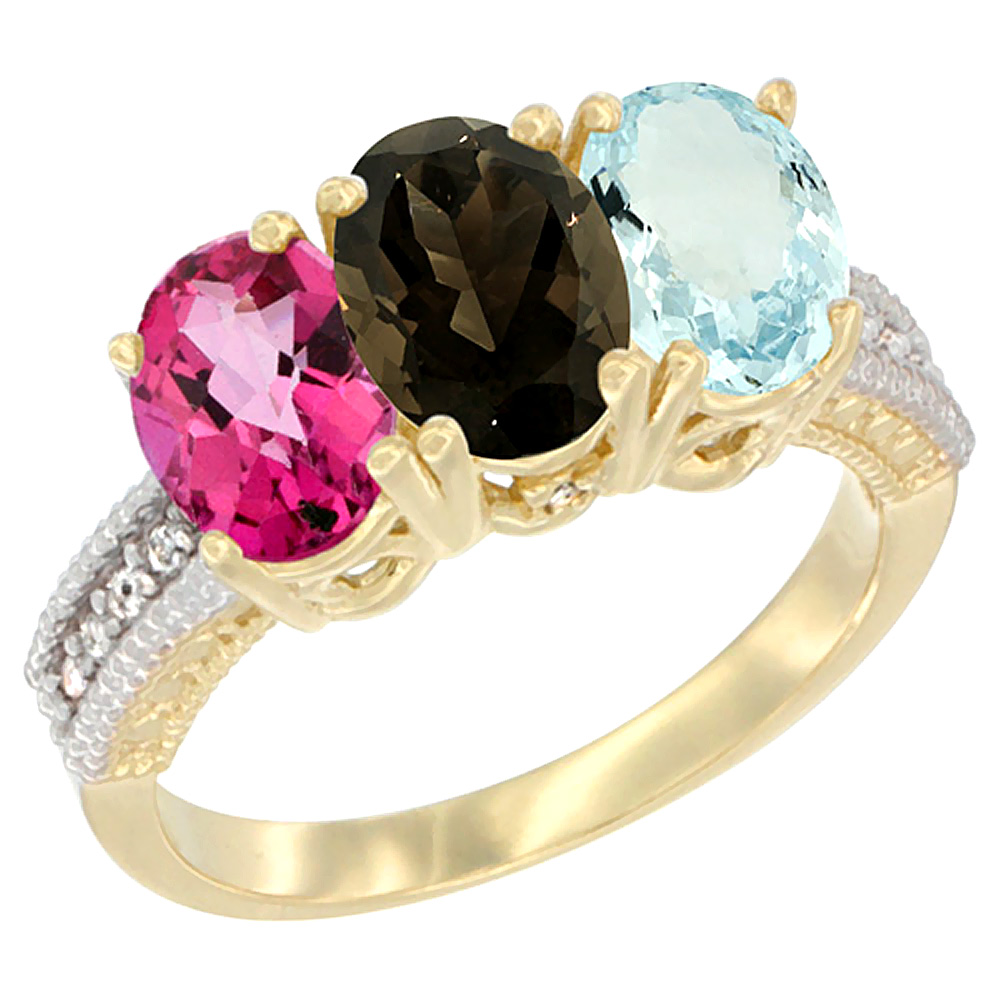 14K Yellow Gold Natural Pink Topaz, Smoky Topaz & Aquamarine Ring 3-Stone 7x5 mm Oval Diamond Accent, sizes 5 - 10