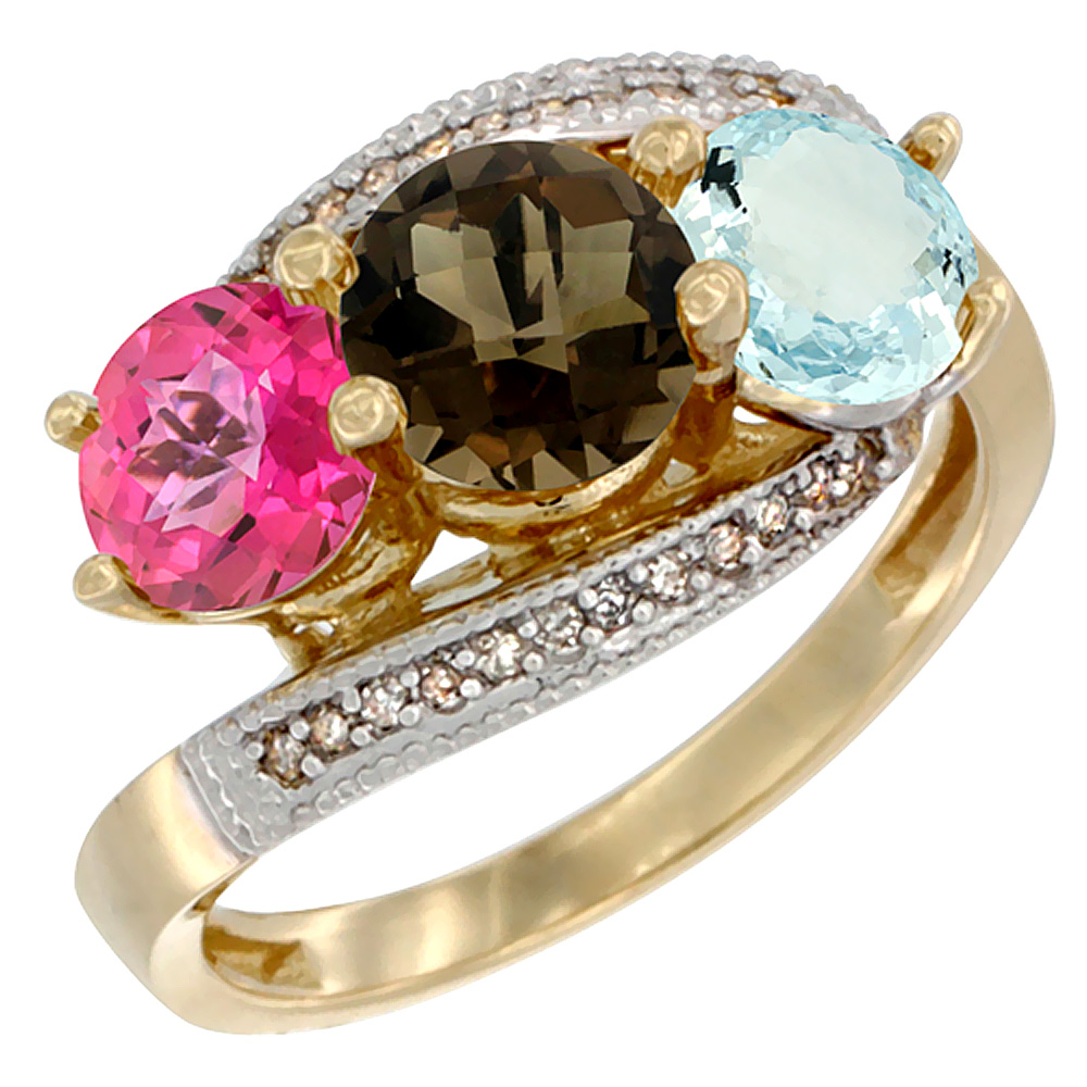 10K Yellow Gold Natural Pink Topaz, Smoky Topaz &amp; Aquamarine 3 stone Ring Round 6mm Diamond Accent, sizes 5 - 10