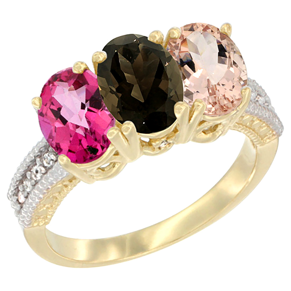 10K Yellow Gold Diamond Natural Pink Topaz, Smoky Topaz & Morganite Ring 3-Stone Oval 7x5 mm, sizes 5 - 10