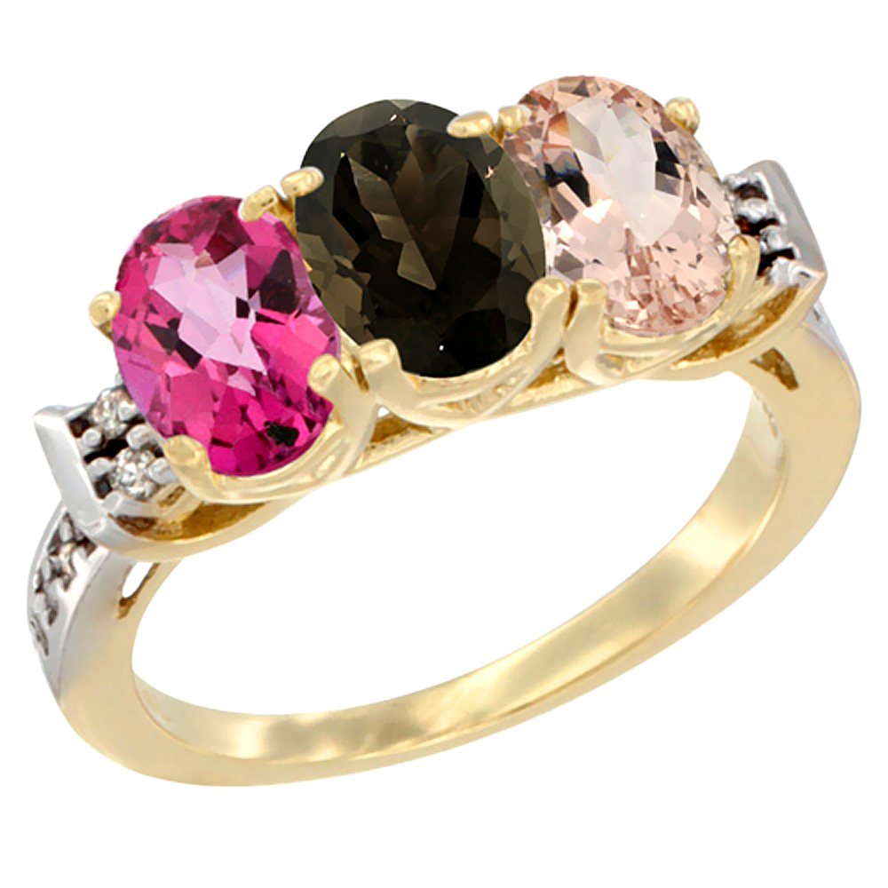 10K Yellow Gold Natural Pink Topaz, Smoky Topaz &amp; Morganite Ring 3-Stone Oval 7x5 mm Diamond Accent, sizes 5 - 10