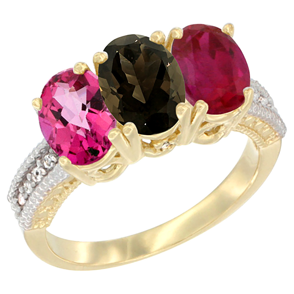 14K Yellow Gold Natural Pink Topaz, Smoky Topaz &amp; Enhanced Ruby Ring 3-Stone 7x5 mm Oval Diamond Accent, sizes 5 - 10