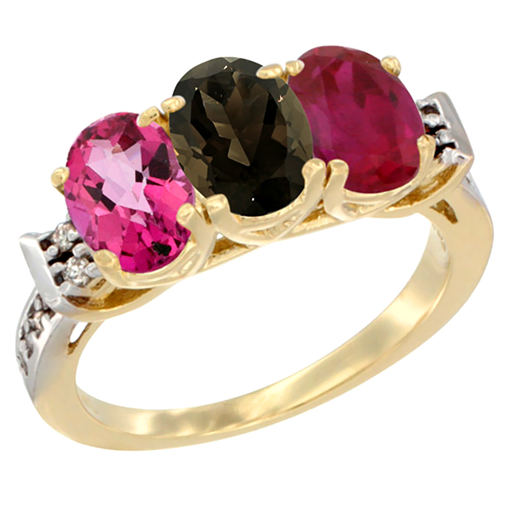 10K Yellow Gold Natural Pink Topaz, Smoky Topaz &amp; Enhanced Ruby Ring 3-Stone Oval 7x5 mm Diamond Accent, sizes 5 - 10