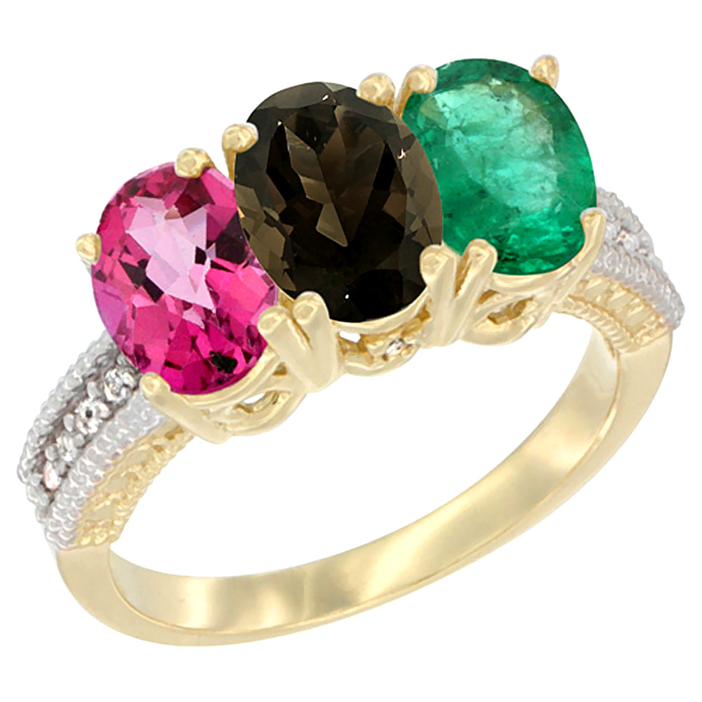 10K Yellow Gold Diamond Natural Pink Topaz, Smoky Topaz & Emerald Ring 3-Stone Oval 7x5 mm, sizes 5 - 10