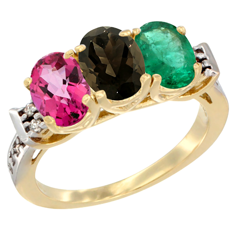 10K Yellow Gold Natural Pink Topaz, Smoky Topaz &amp; Emerald Ring 3-Stone Oval 7x5 mm Diamond Accent, sizes 5 - 10