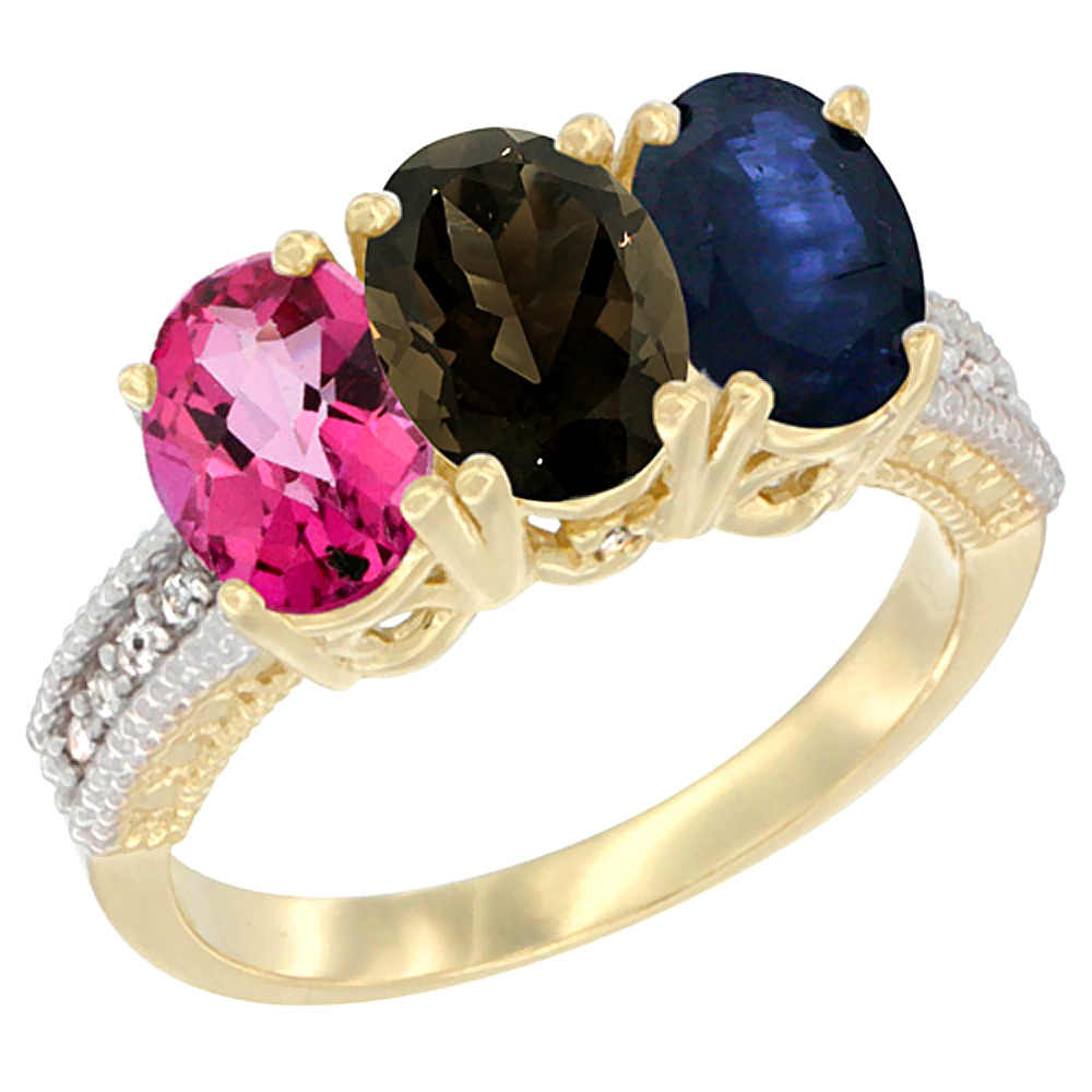 14K Yellow Gold Natural Pink Topaz, Smoky Topaz &amp; Blue Sapphire Ring 3-Stone 7x5 mm Oval Diamond Accent, sizes 5 - 10